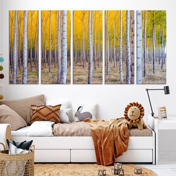 Impresión artística de pared con bosque de abedules en otoño