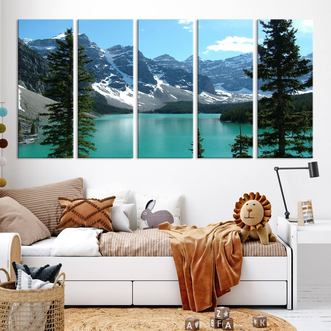 Canadian Rockies Moraine Lake Landscape Canvas Print, Turquoise Lake & Mountain View Wall Art, Ready to Hang Multi-Panel Giclee Canvas for Home Decor