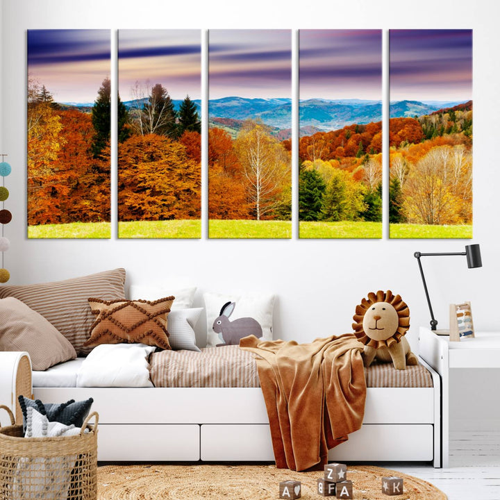 Autumn Colorful Forest Blue Mountains and Purple Sky at Sunset Wall Art Canvas Print