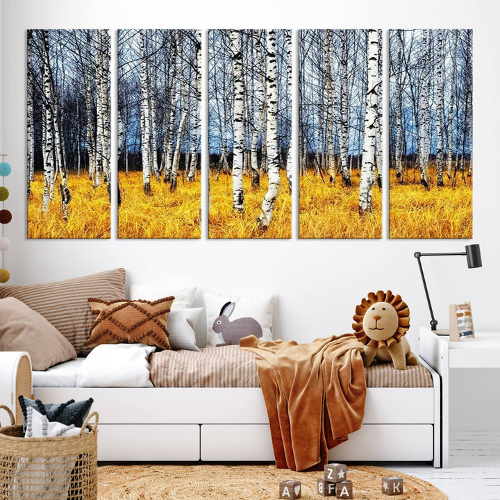 Impression d’art mural de bouleaux, art mural paysage, impression sur toile, arbres sans feuilles sur fond jaune