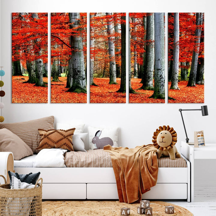 Impression sur toile de paysage d'art mural, feuilles rouges sur des arbres sur fond rouge