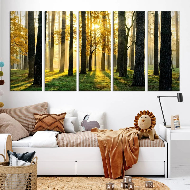 The living room is enhanced by the "Wall Art Landscape Canvas Print Tall Trees in Forest at Sunset" on museum-quality canvas. This triptych, complete with a UV-protective coating, is ready to hang and adds an artistic touch to the space.