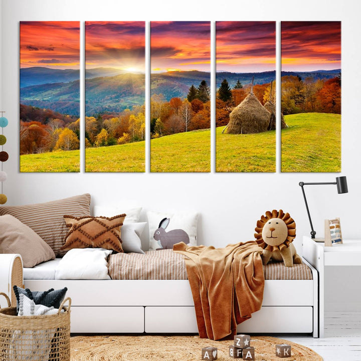 Impression sur toile de paysage d'art mural, tous les tons de vert au coucher du soleil