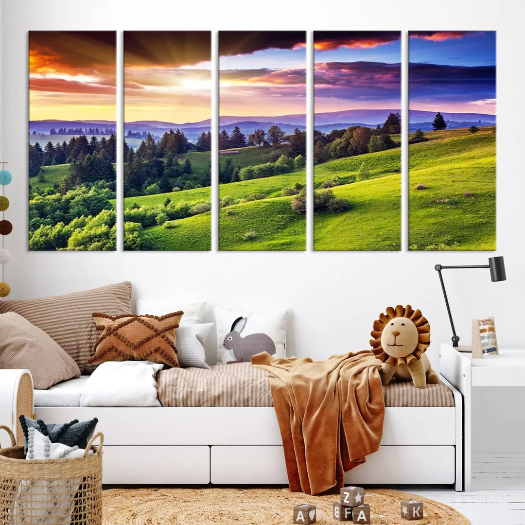 The room features a large triptych of the Green Hills and Sunset Wall Art Print, showcasing a scenic landscape with lush greenery and a vibrant sky.