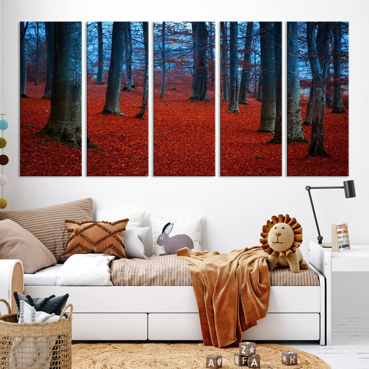 Impression sur toile de paysage d'art mural, feuilles rouges dans la forêt bleue