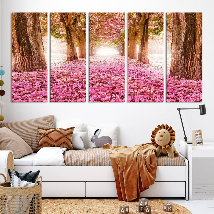 Blossom Cherry Canvas Print Walking on Pink Flowers Between Trees