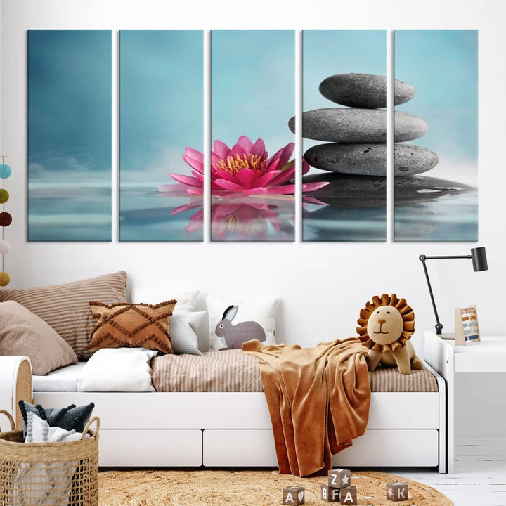 The Zen Serenity Triptych Canvas Art, featuring a lotus flower and balancing stones, perfectly captures tranquility with its serene water lily print.