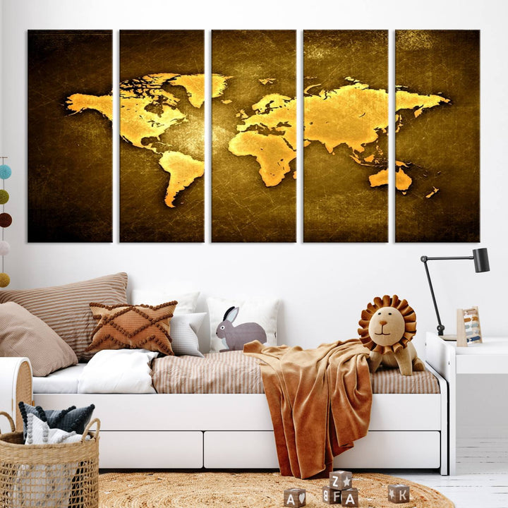 Yellow World Map on Metalic Yellow Background 