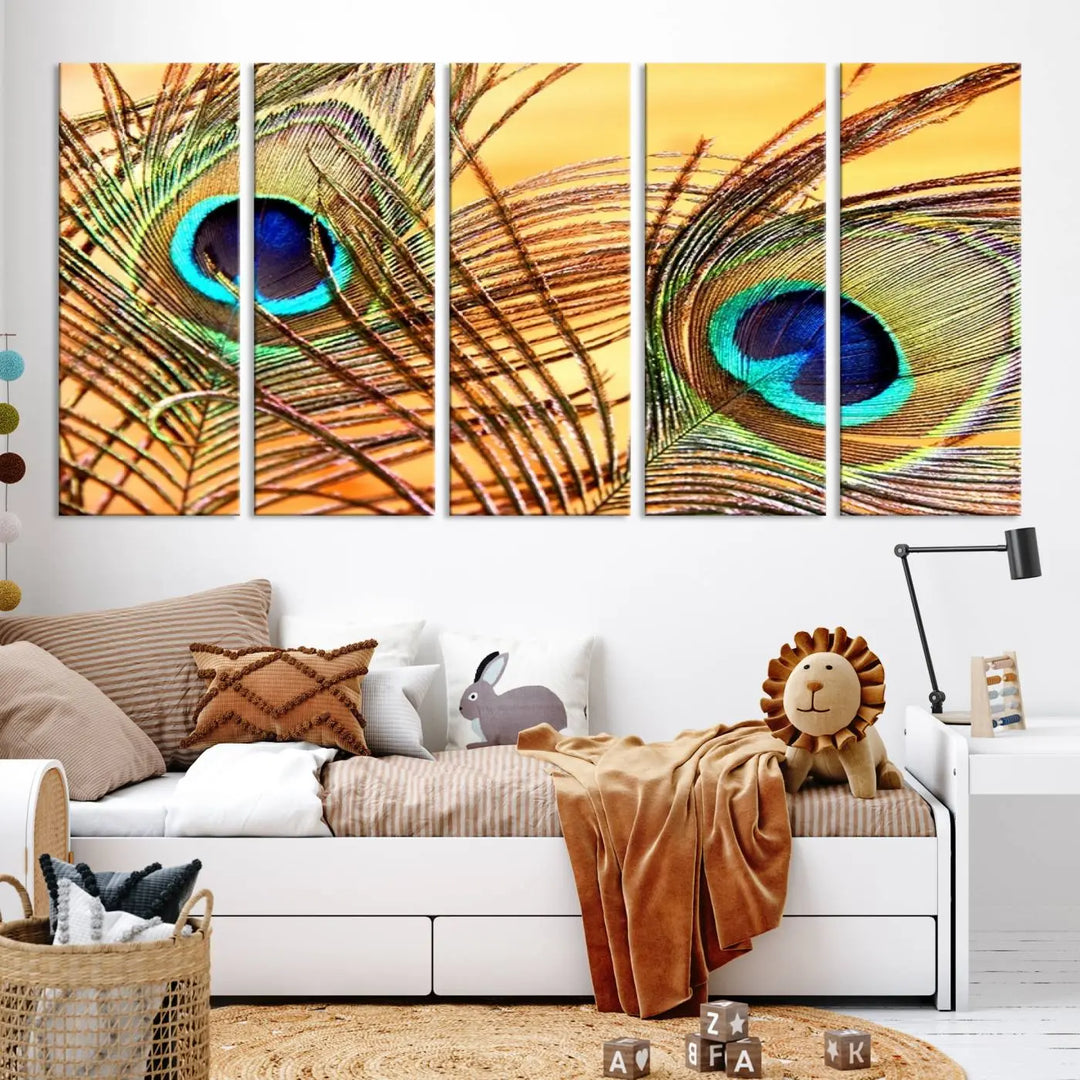 The Peacock Feather Wall Art Print, showcasing a vibrant green, blue, and orange feather design and ready to hang, adorns the space.