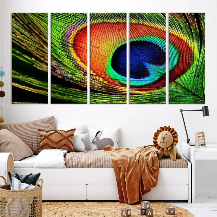 The living room features the "Colorful Peacock Feather Wall Art Print," showcasing a vibrant green, blue, and orange design elegantly displayed above a modern sofa.