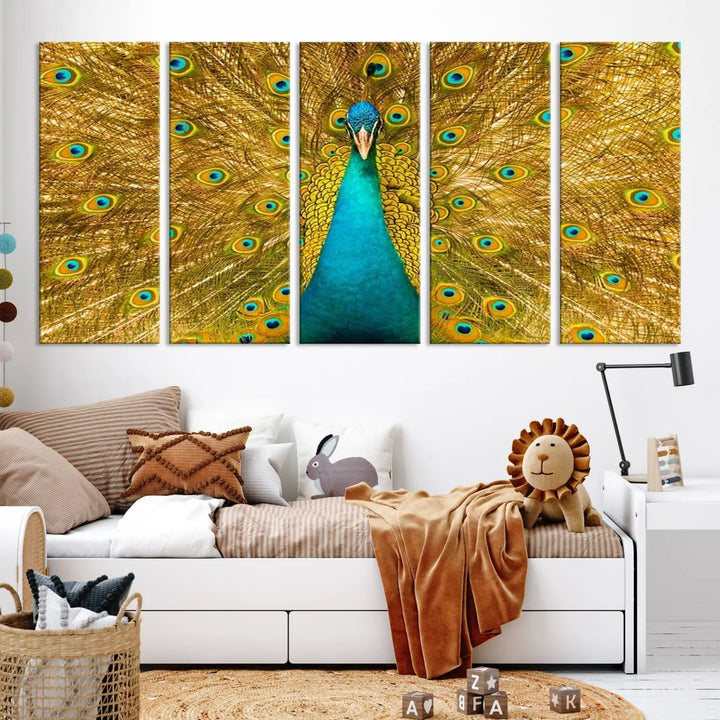 The Peacock Wall Art Canvas Print, featuring a vibrant triptych design of a peacock with intricate feather details and printed on museum-quality canvas with UV-protective coating, brings an artistic flair to the elegant space. Ready to hang, it enhances the modern living room with its striking presence.