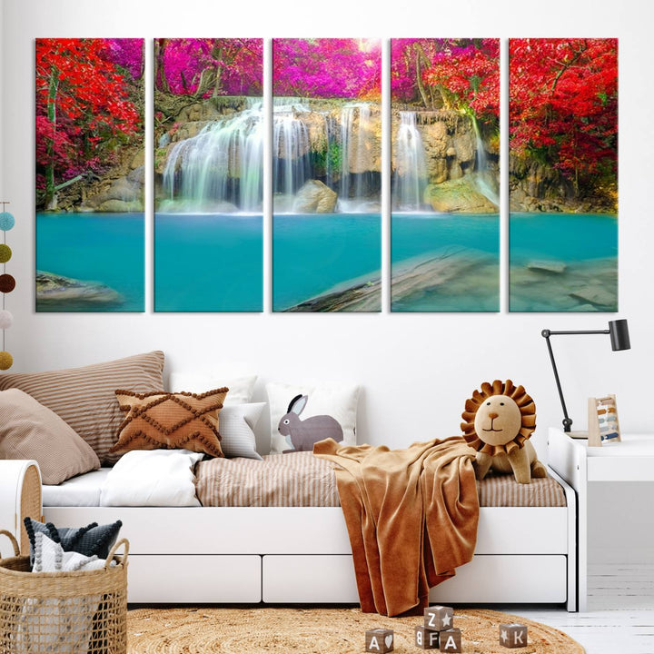 Wall Art Waterfall Landscape with Pink and Red Flowers in Forest Canvas Print