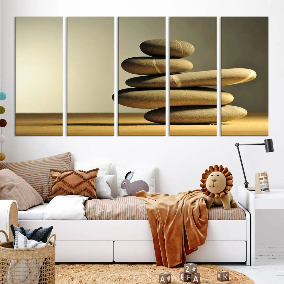 The "Yellow Zen Stones on Yellow Background Wall Art Yoga Zen Artwork," a professionally hand-assembled framed photo with UV-protective coating, is displayed on the wall.