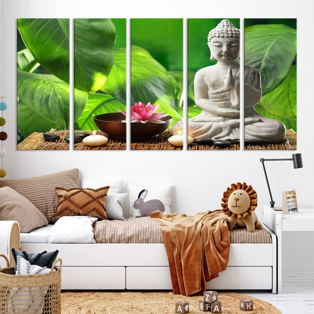 A tranquil room showcases a triptych of green leaves on museum-quality canvases, each piece readily available to hang.