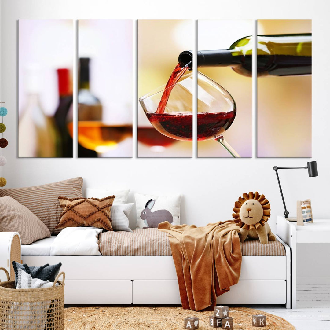 The Filling Red Wine into Glass Red Wine Canvas Print showcases a wine bottle pouring red wine into a glass. This scene, captured on museum-quality canvas, promises timeless elegance and comes with free shipping for effortless delivery to your doorstep.