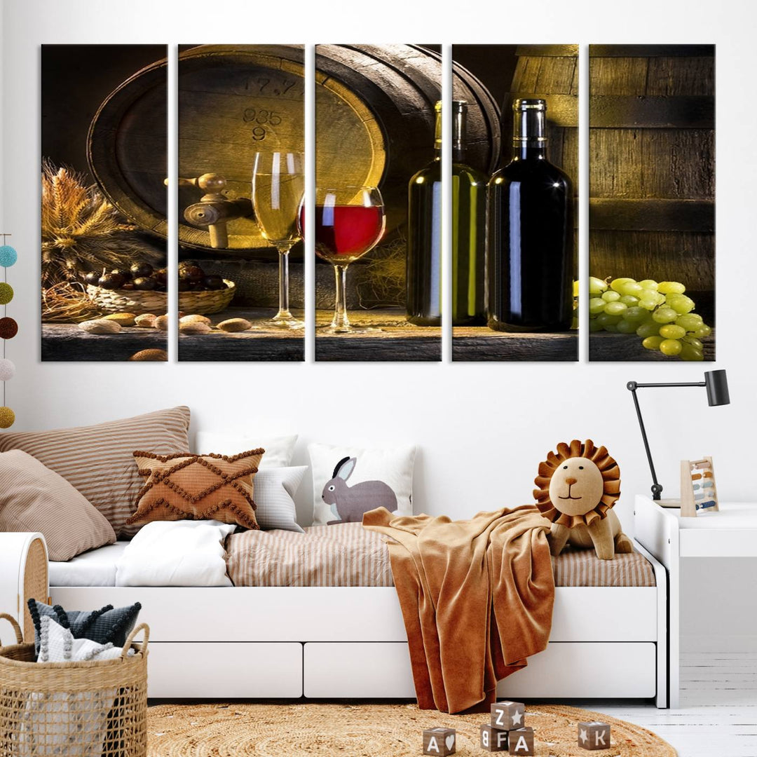 Explore the "Wall Art Red and White Wine with Bottles and Tun Canvas Print," a triptych on gallery-wrapped, museum-quality canvas. Featuring a wine barrel, bottles, and a glass of red wine, it includes a UV-protective coating for lasting vibrancy.