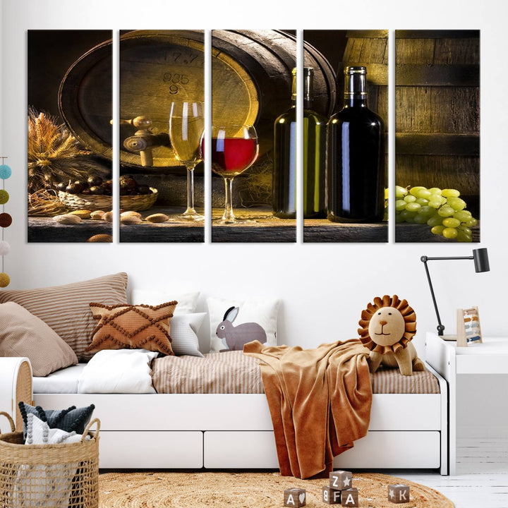 Explore the "Wall Art Red and White Wine with Bottles and Tun Canvas Print," a triptych on gallery-wrapped, museum-quality canvas. Featuring a wine barrel, bottles, and a glass of red wine, it includes a UV-protective coating for lasting vibrancy.