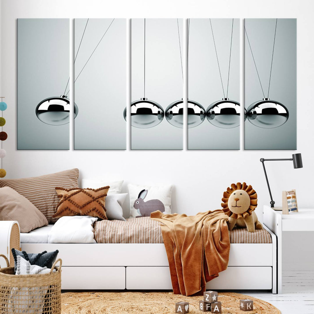 Newton's Cradle Motion Art, Modern Minimalist Metal Sphere Wall Art, Physics-Inspired Kinetic Energy Canvas Print for Office and Home Decor