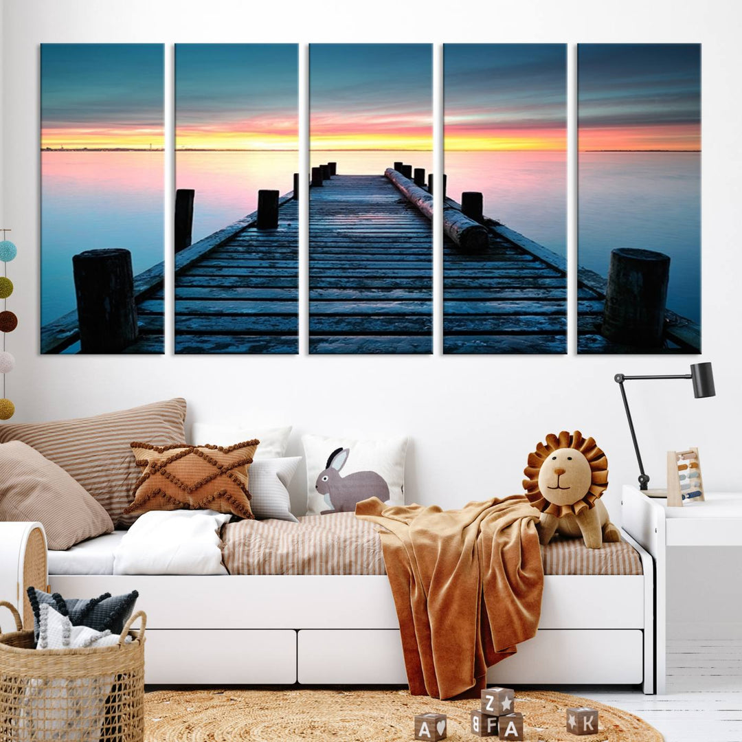 Wall Art Vintage Wooden Pier on Sea at Sunset Canvas Print