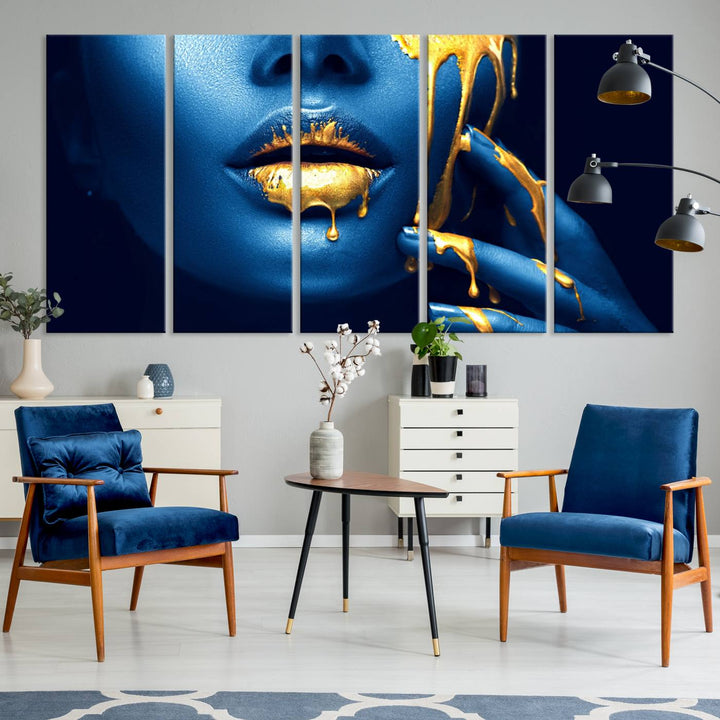 Neón Azul Oro Labios Sensual Fotografía Lienzo Pared Arte Impresión Moda Arte Belleza