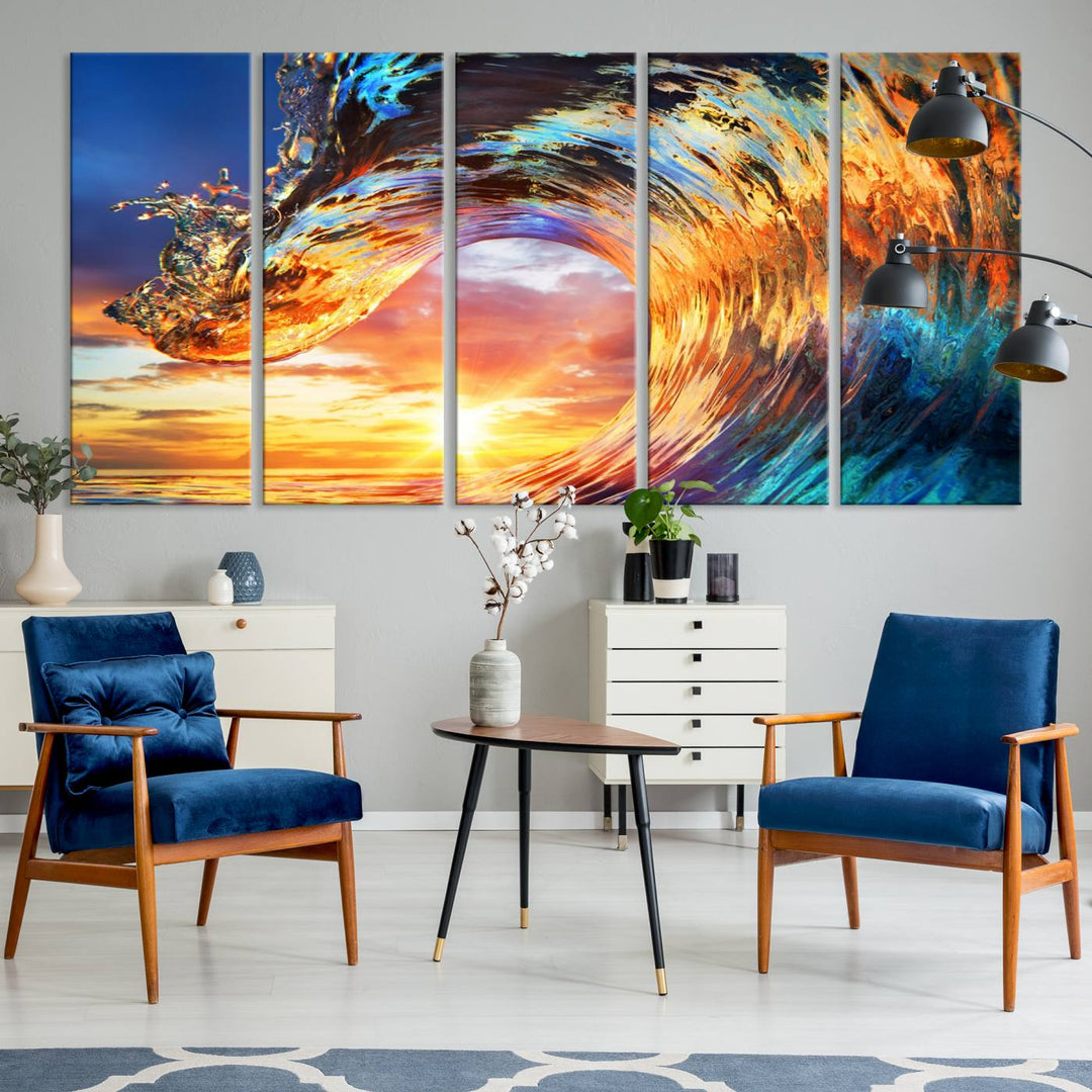 Lienzo decorativo para pared, diseño de olas, rizos, puesta de sol y océano