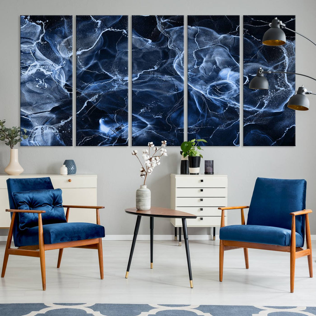 Arte de pared grande con efecto ahumado de mármol azul, lienzo abstracto moderno, impresión artística de pared