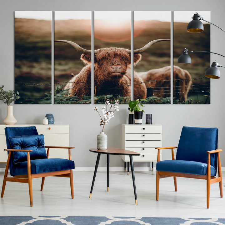 Lienzo de vaca de las tierras altas al amanecer, decoración del hogar, varios paneles, lienzo enmarcado listo para colgar, obras de arte para pared dividida, sala de estar, fotografía artística, decoración de pared