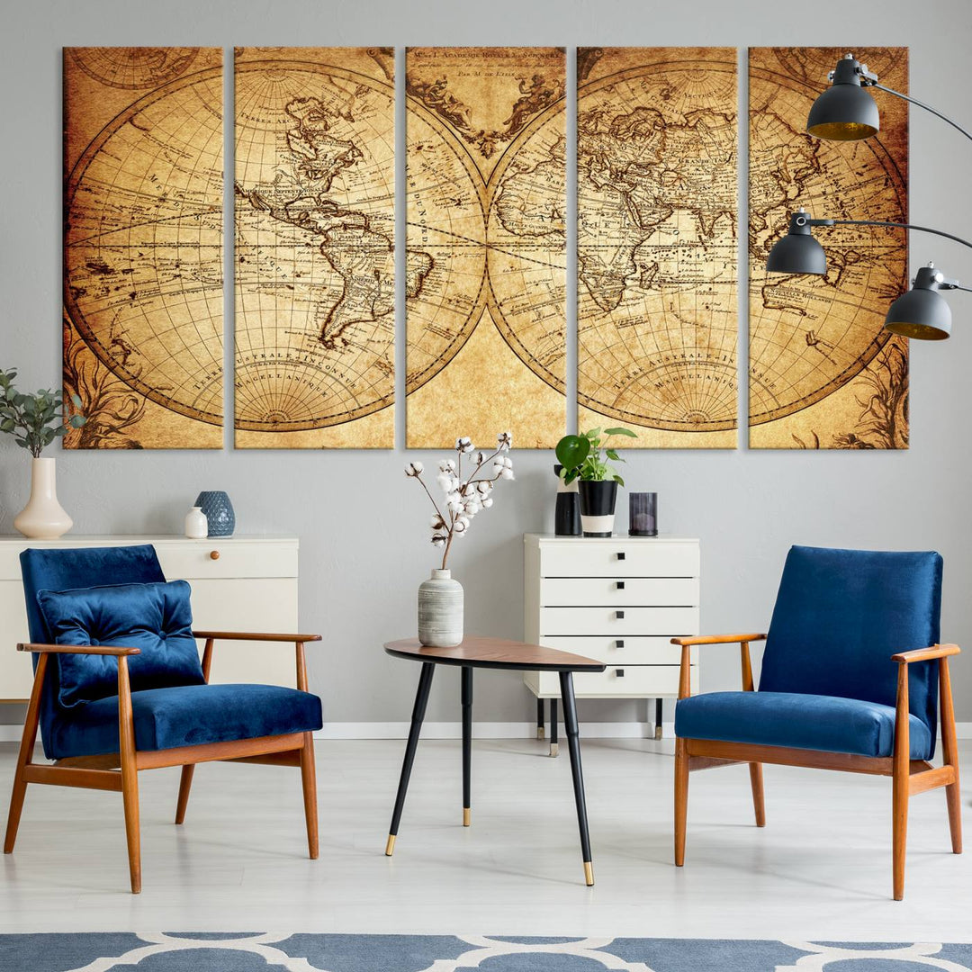 Vintage World Map Wall Art | 3-Panel Canvas Print for Living Room, Office, or Study | Giclee Canvas with Antique Design