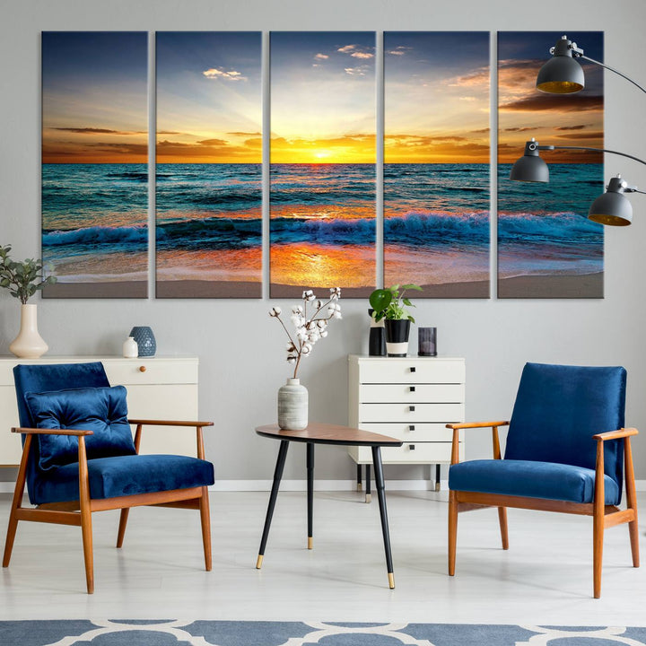 Vibrant Ocean Sunrise Over Golden Beach Waves, Giclee Canvas Wall Art Set, High-Quality Stretched Canvas Print, Ready to Hang Coastal Sunset Wall