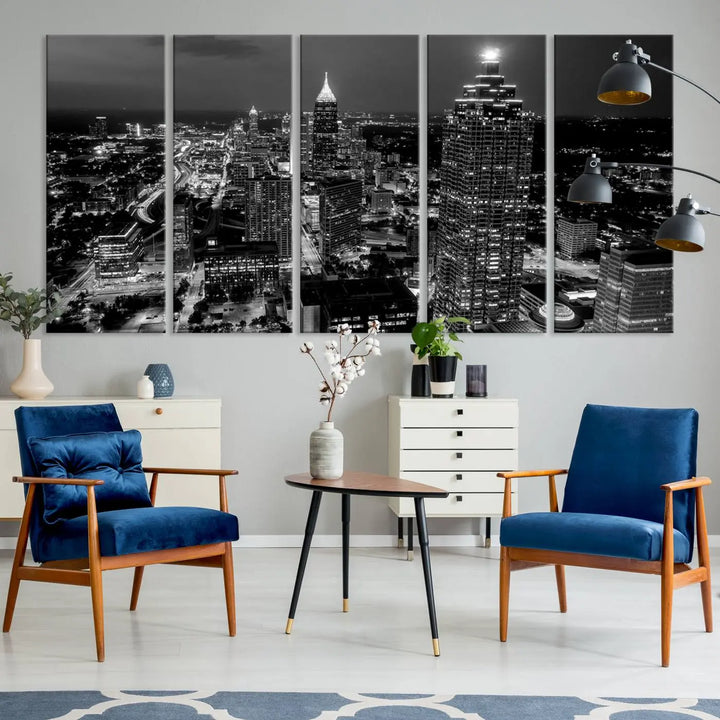 The Atlanta City Lights Skyline Black and White Wall Art Cityscape Canvas Print is elegantly displayed on the wall. These museum-quality canvases arrive ready to hang, making your art display both effortless and sophisticated.