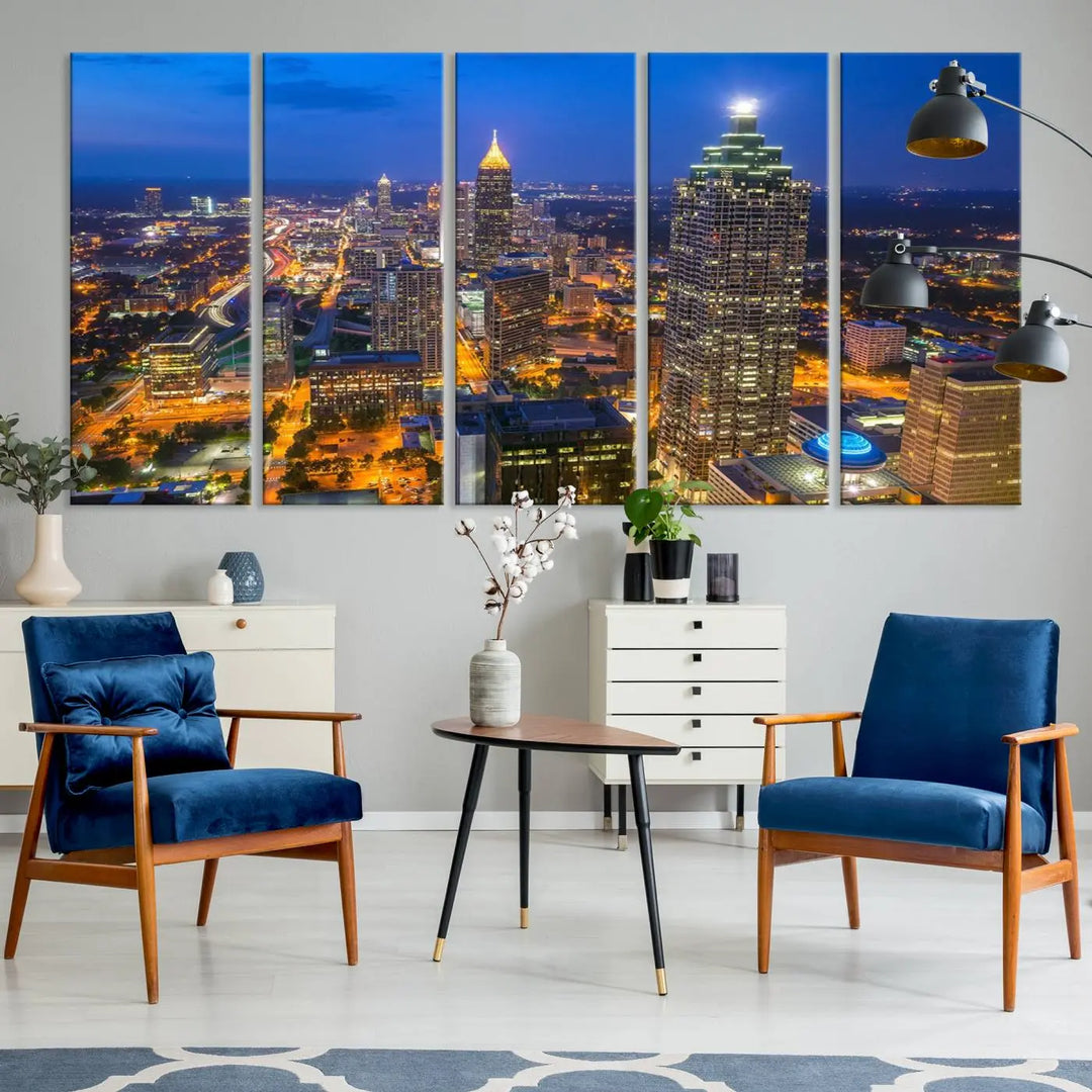 An elegant Atlanta City Blue Skyline Cityscape View Wall Art Canvas Print graces the wall, offering a sophisticated addition to your living space. Enjoy free shipping on this stylish piece.