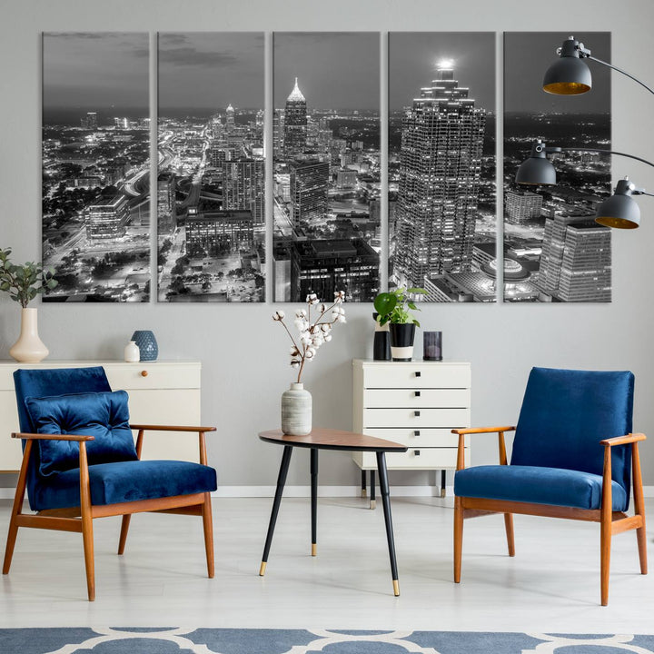 Atlanta City Skyline Art mural noir et blanc Paysage urbain Impression sur toile