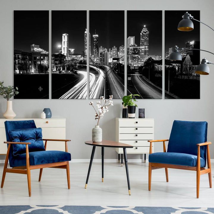 Atlanta City Lights Skyline Art mural noir et blanc Paysage urbain Impression sur toile