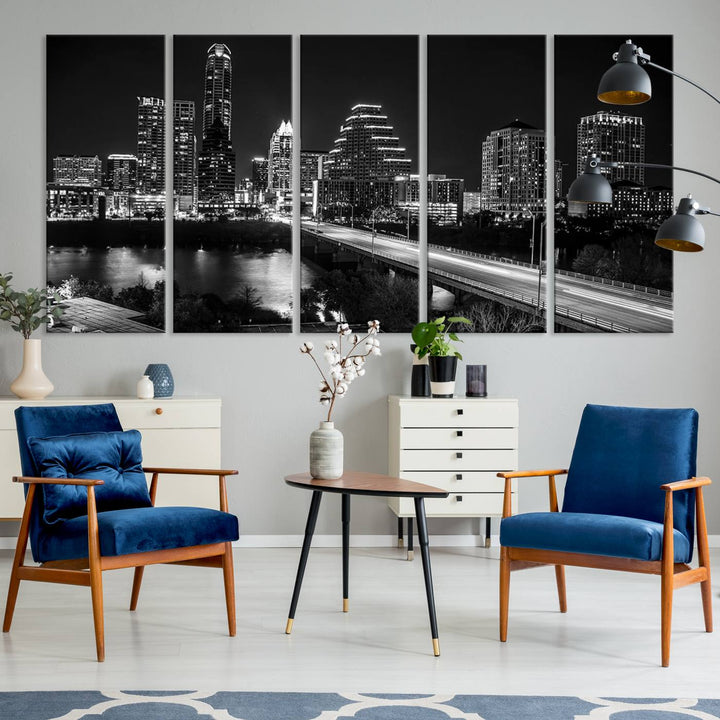 Austin City Lights Skyline Art mural noir et blanc Paysage urbain Impression sur toile