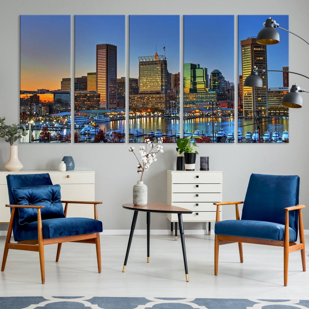 Baltimore City Lights Coucher de soleil bleu et orange Skyline Cityscape View Wall Art Impression sur toile