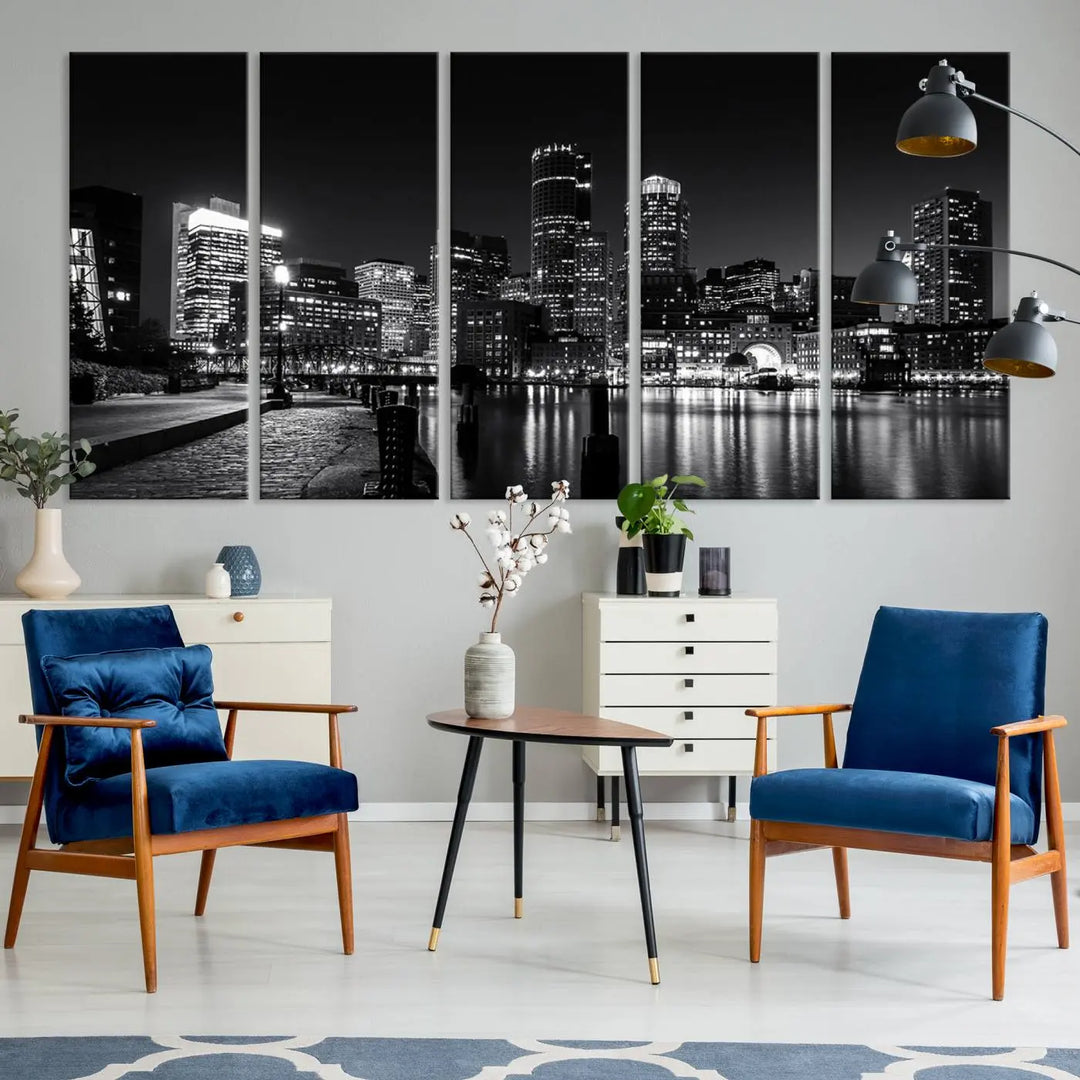 The living room showcases the Boston City Lights Skyline Black and White Wall Art Canvas Print.