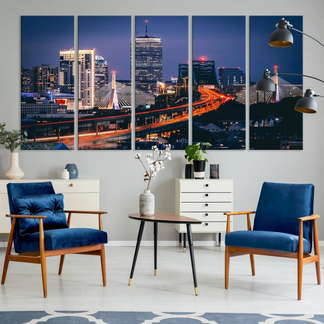 The "Boston City Lights Night Skyline Cityscape View" artwork on the wall showcases a brightly lit bridge at night. It is displayed on museum-quality canvas with a UV-protective coating.