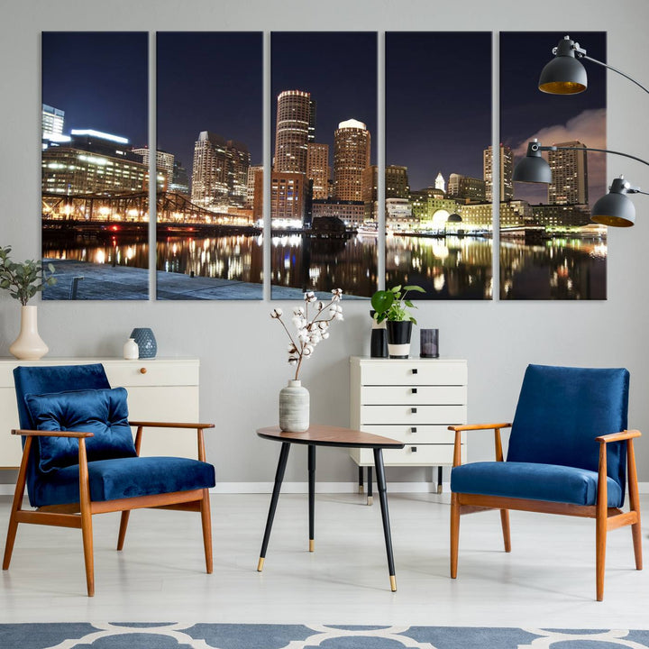 The Boston City Lights Skyline Cityscape View Wall Art Canvas Print showcases a nighttime cityscape on museum-quality canvas.