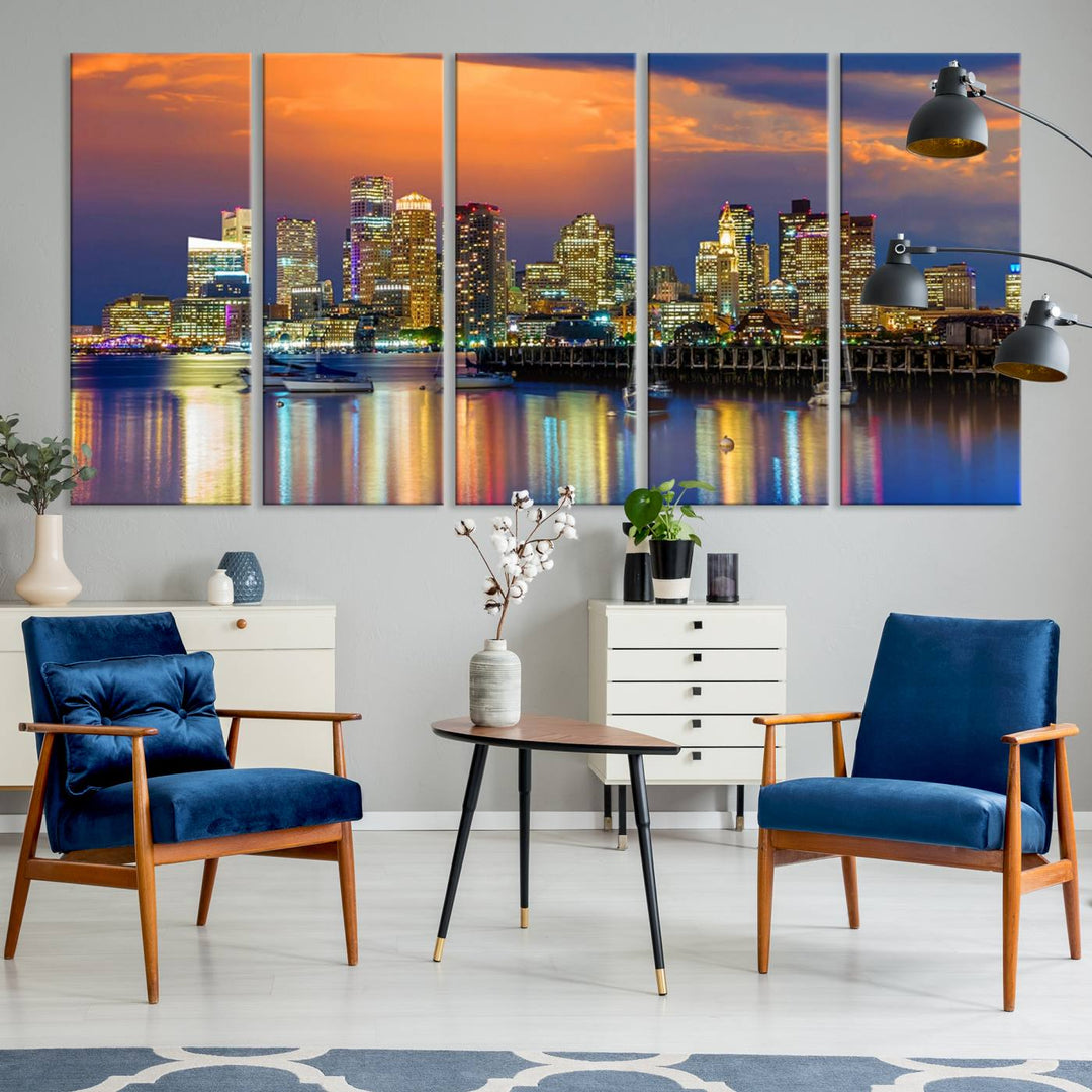 Boston City Night Blue and Orange Skyline Cityscape View Wall Art Canvas Print 