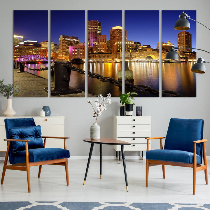 The "Boston City Night Skyline Cityscape View Wall Art Canvas Print" beautifully portrays a stunning triptych of a city skyline illuminated against the night sky, elegantly reflected in the river below. These museum-quality canvases are gallery wrapped to ensure an elegant presentation that enhances any space.