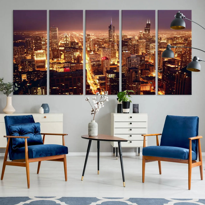 A large artwork showcasing the Chicago Night Skyline cityscape is elegantly displayed on a gallery-wrapped, museum-quality canvas.