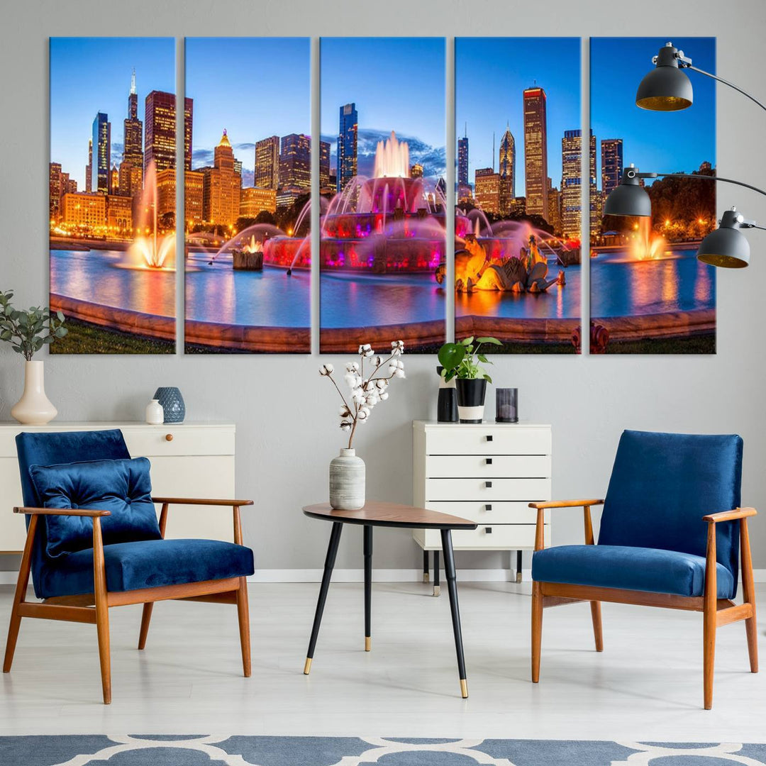 Chicago City Colorful Lights Night Skyline Cityscape View Wall Art Canvas Print