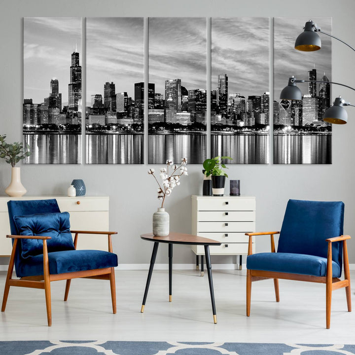 Chicago City Cloudy Skyline Art mural noir et blanc Paysage urbain Impression sur toile