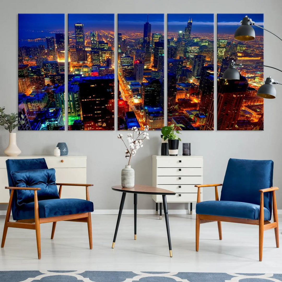 The "Chicago Night Skyline Wall Art" on museum-quality canvas adds long-lasting appeal to the living room.