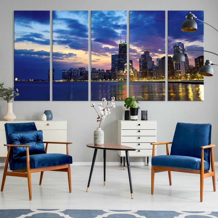 Chicago City Lights Nuit Nuageux Bleu Skyline Cityscape View Wall Art Impression sur toile