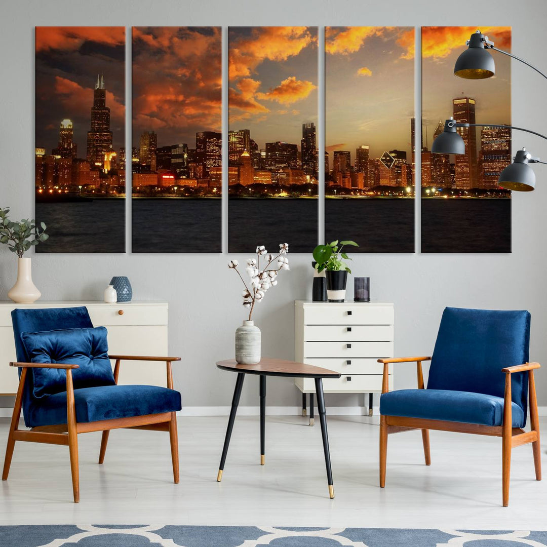 Chicago City Lights Sunset Orange Cloudy Skyline Cityscape View Wall Art Canvas Print