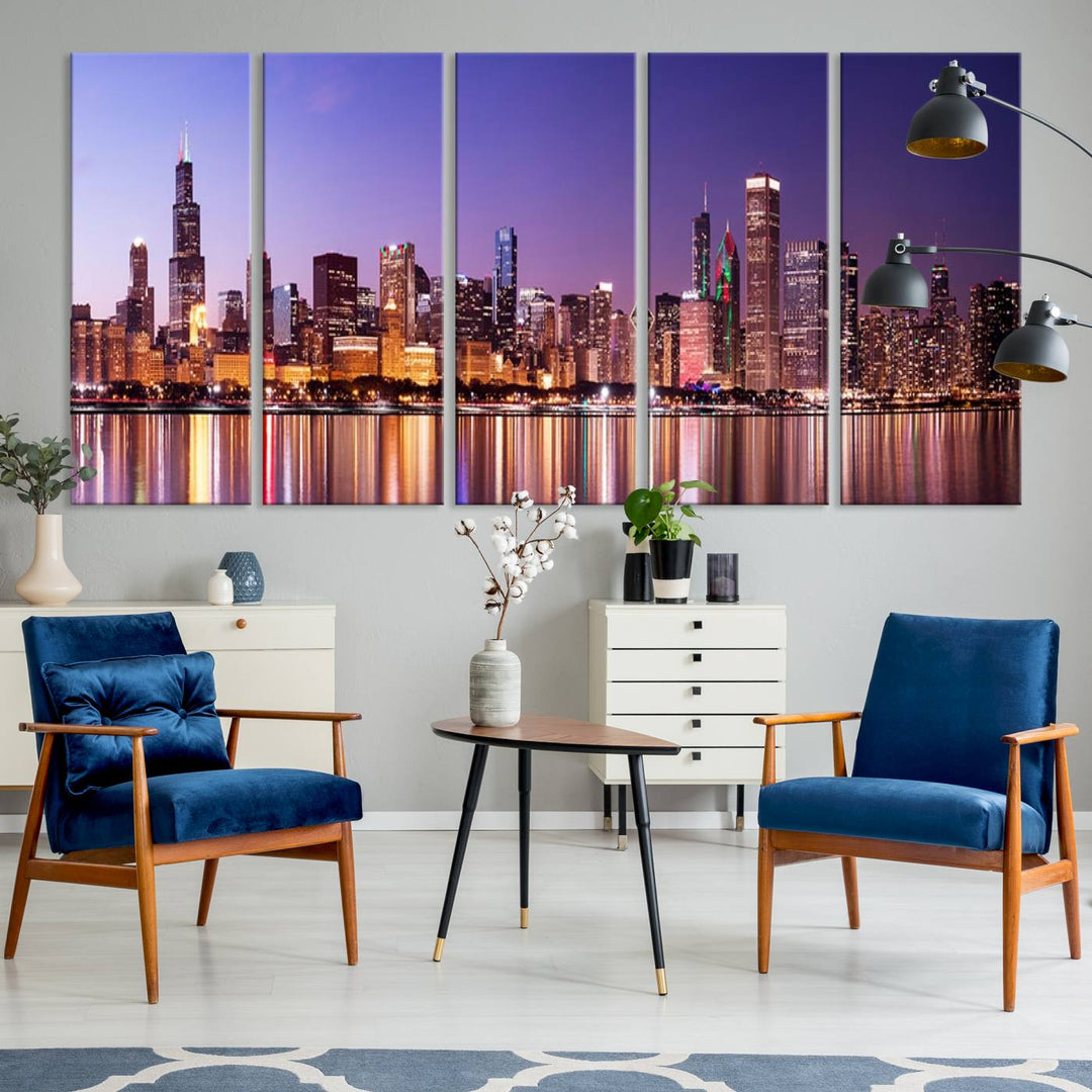 Chicago City Lights Night Purple Skyline Cityscape View Wall Art Canvas Print