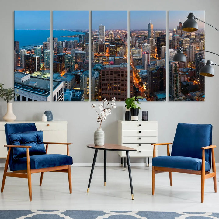 Product Name: Chicago Night Skyline Wall Art City Cityscape

Artwork Description: This artwork is a triptych depicting the Chicago city skyline at night. Created on museum-quality canvas with a UV-protective coating, it comes ready to hang and seamlessly enhances any space.