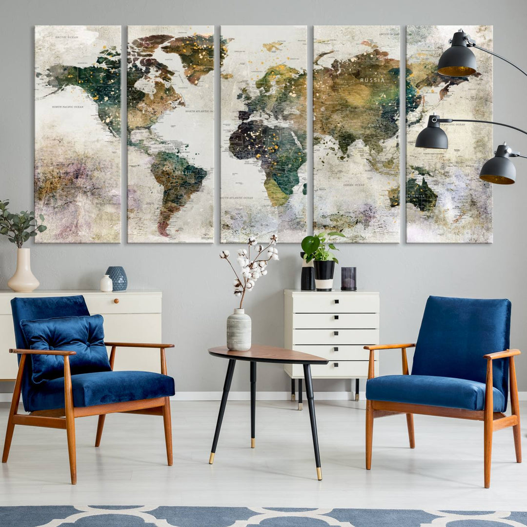 World Map Wall Art Print Map on Canvas Gallery Wall Set of 3 Panels Gift Traveler Map