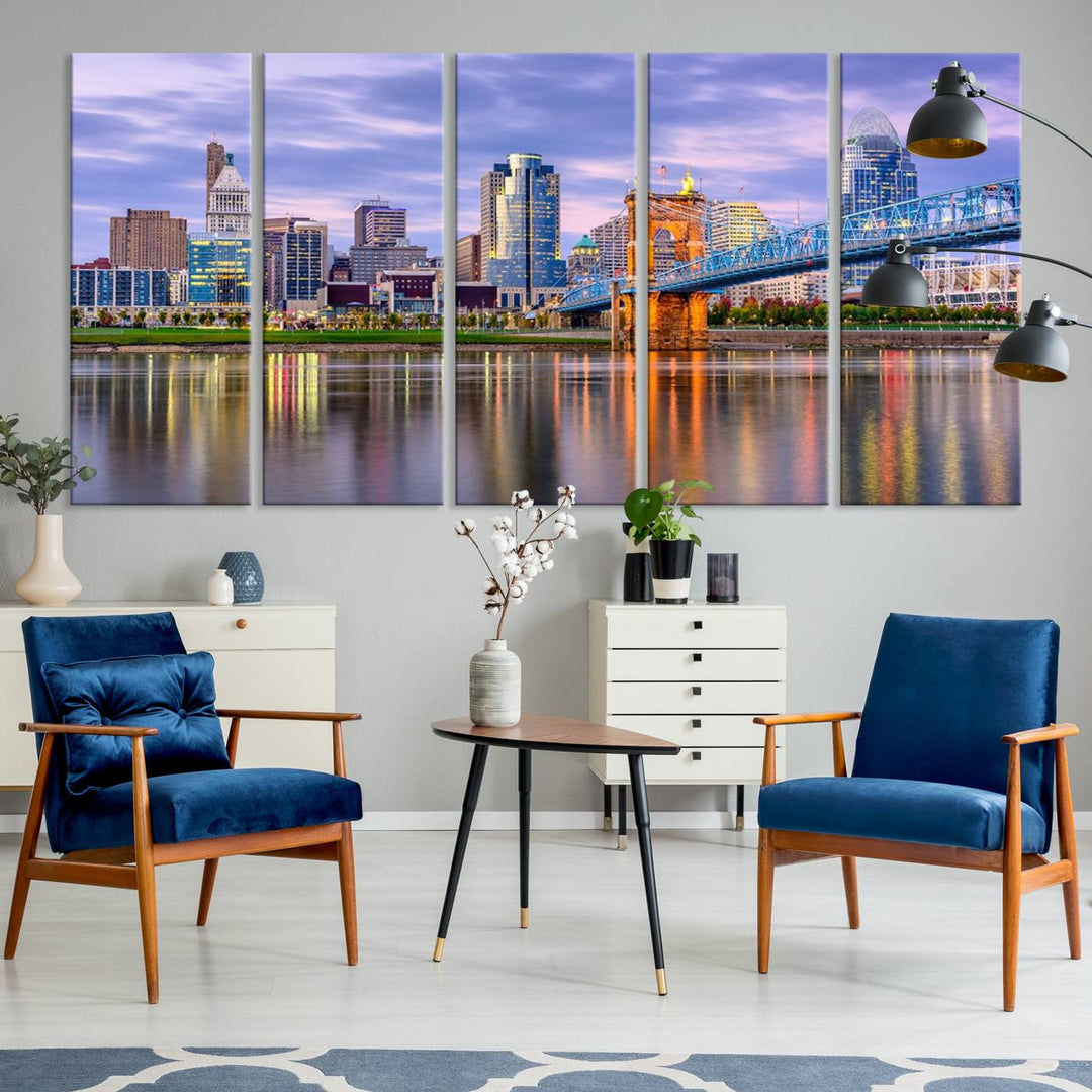 The wall art titled "Cincinnati City Lights Sunset Purple Cloudy Skyline Cityscape View" is beautifully printed on museum-quality canvases with a UV-protective coating and is ready to hang.